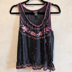 Vivienne Tam black chiffon embroidered pink floral top - small